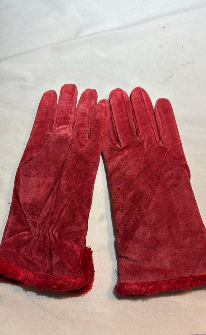 Red Suede Gloves with Faux Fur Trim